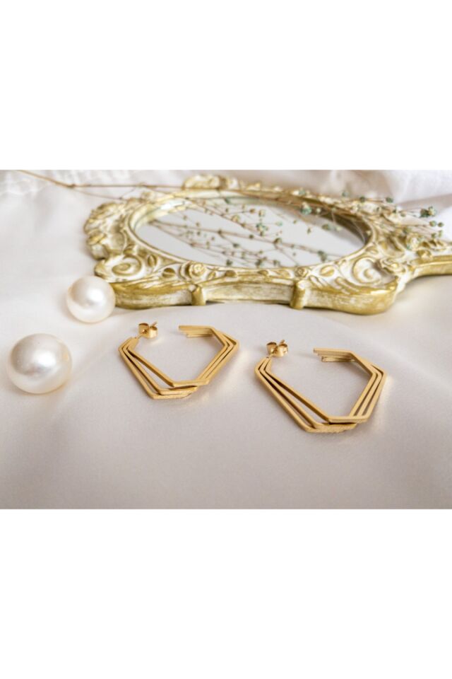 Gold Üç Sıra Üçgen Çelik Küpe Gold