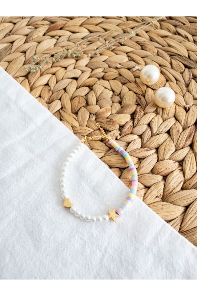 Renkli Pastel Fimo Ve Inci Boncuk Kalpli Yıldızlı Bileklik Renkli/Beyaz