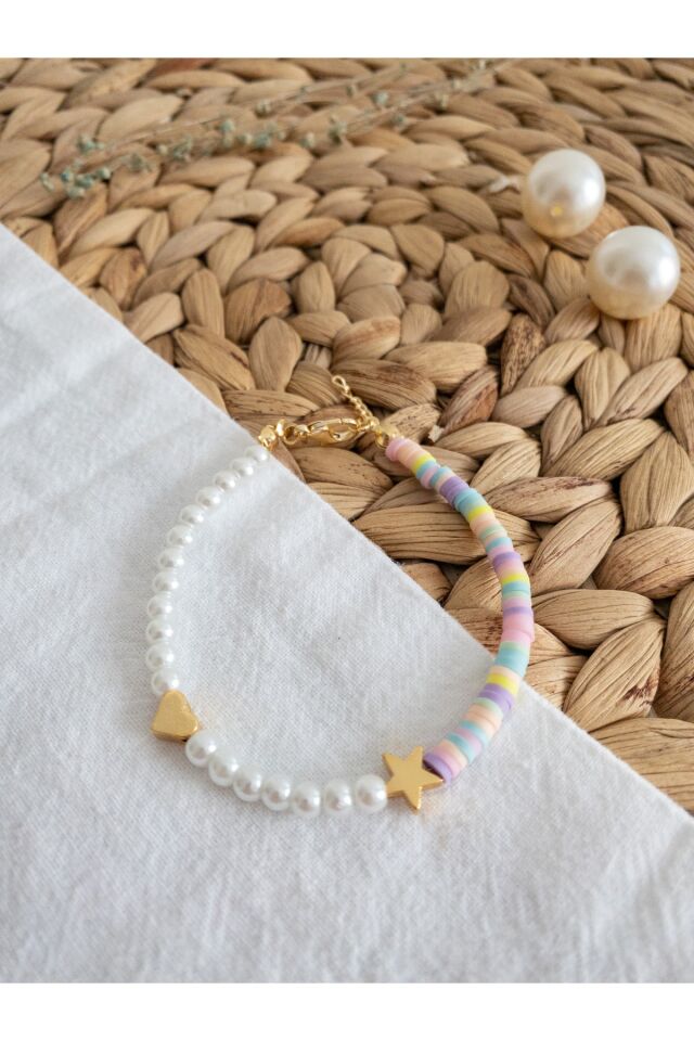Renkli Pastel Fimo Ve Inci Boncuk Kalpli Yıldızlı Bileklik Renkli/Beyaz