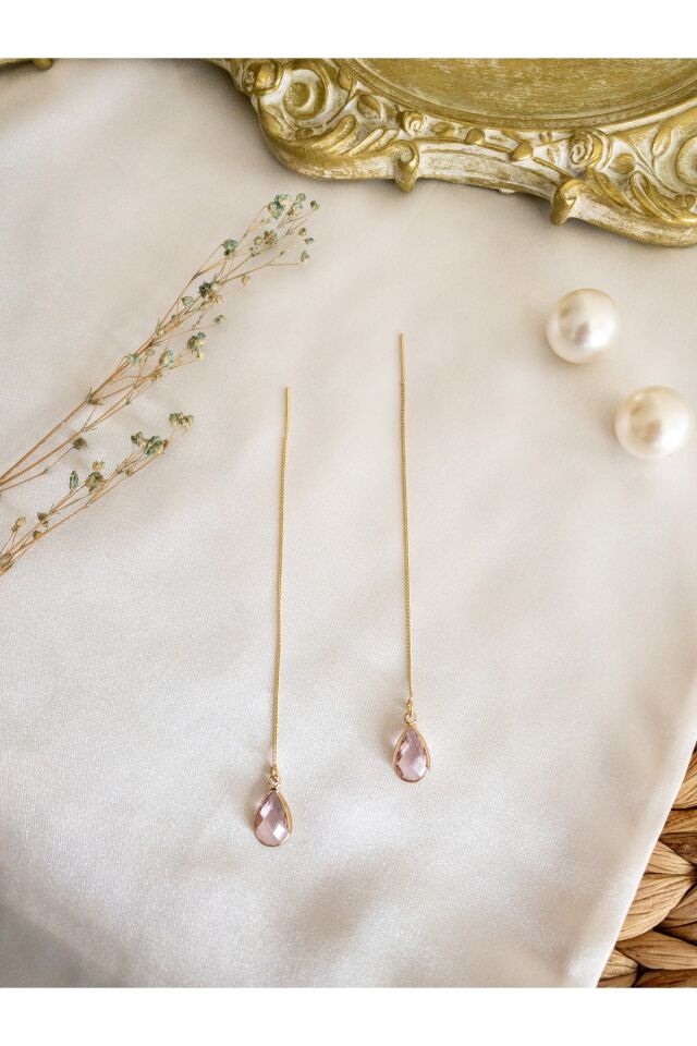 Pembe Damla Taşlı Gold Zincir Pembe/Gold