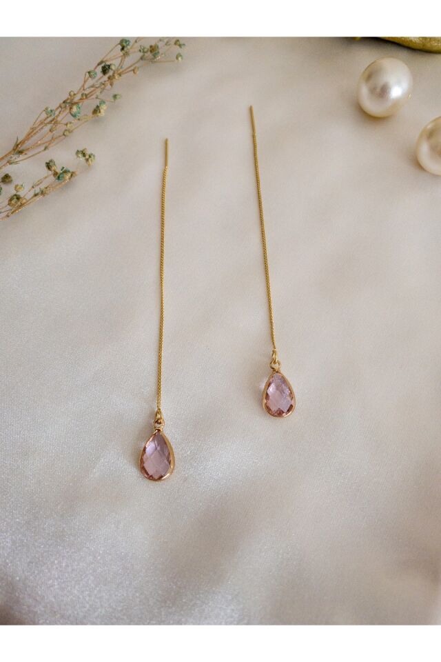 Pembe Damla Taşlı Gold Zincir Pembe/Gold