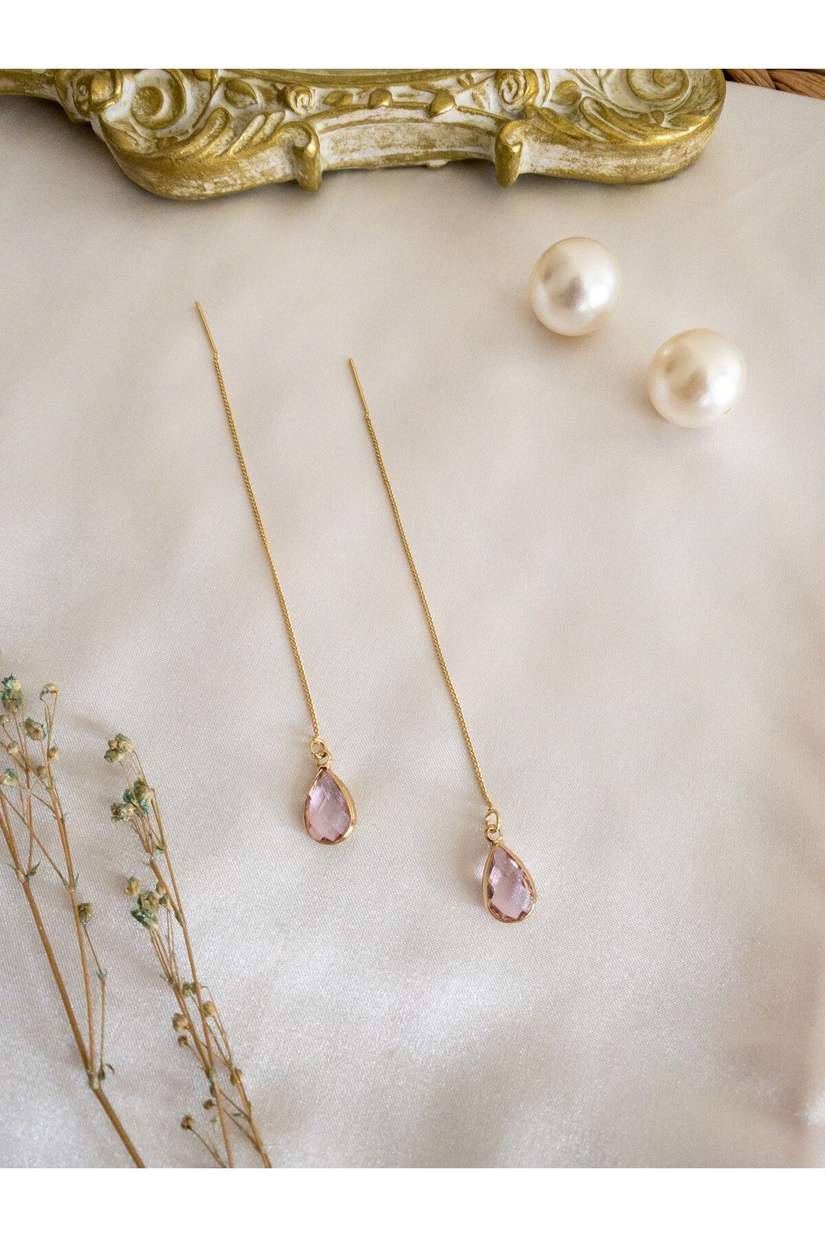 Pembe Damla Taşlı Gold Zincir Pembe/Gold