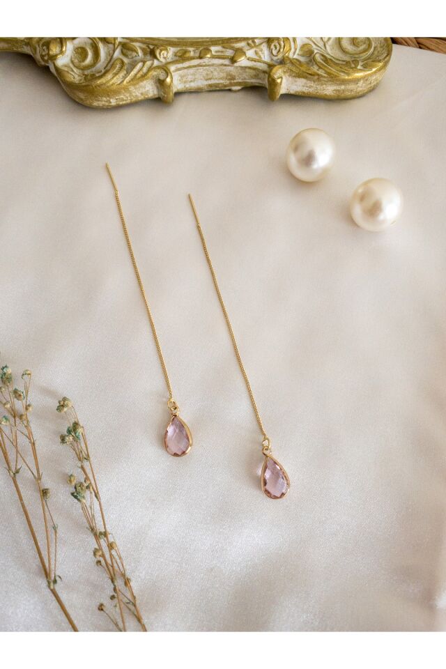 Pembe Damla Taşlı Gold Zincir Pembe/Gold
