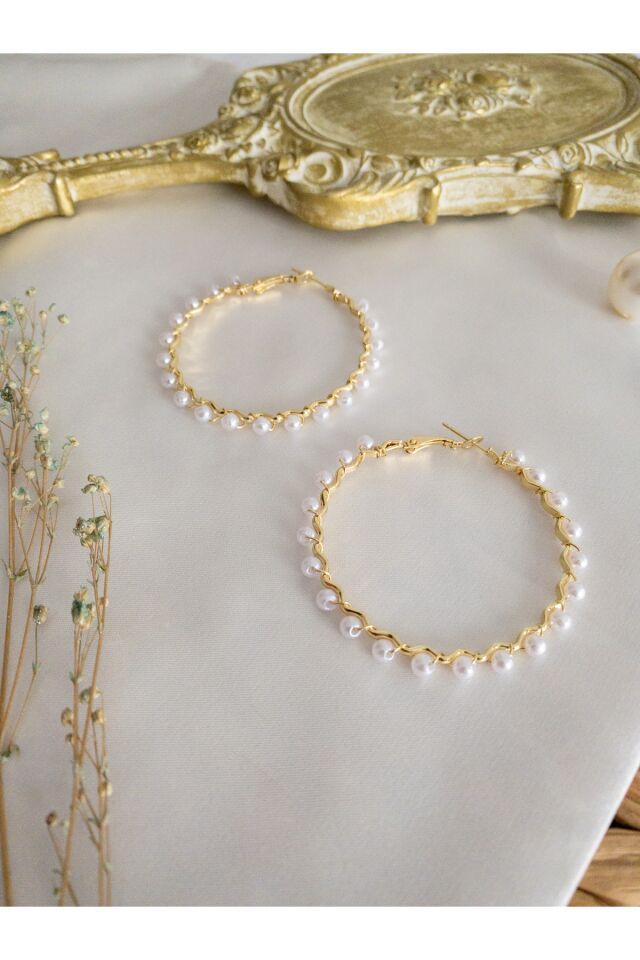 Gold Burgu İncili Halka Küpe Gold/Beyaz