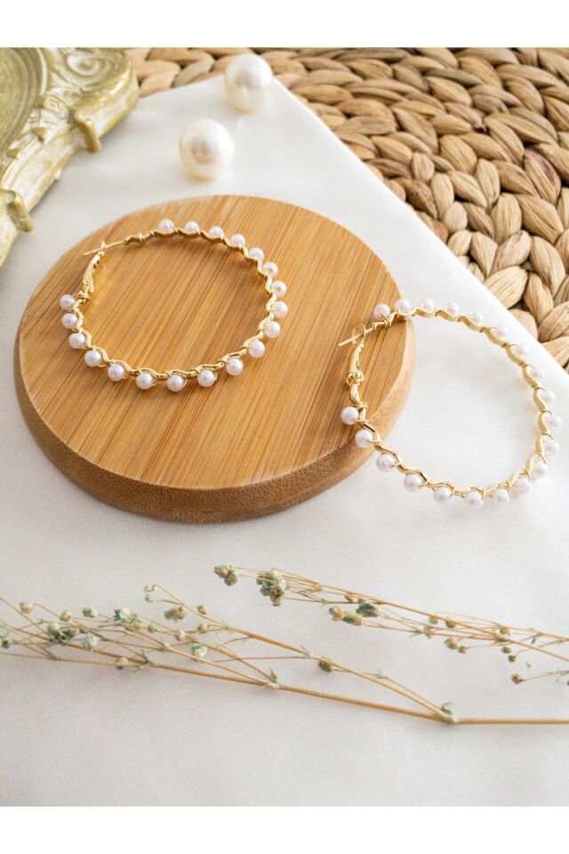 Gold Burgu İncili Halka Küpe Gold/Beyaz