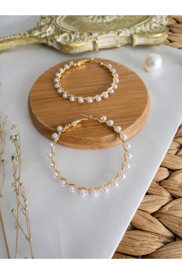 Gold Burgu İncili Halka Küpe Gold/Beyaz