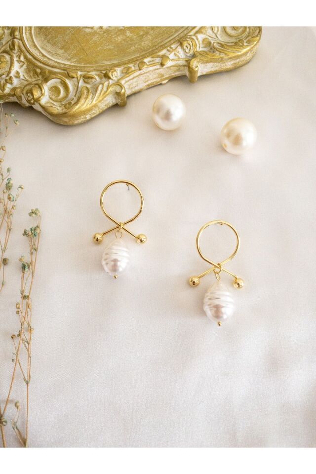 Gold Düğüm Inci Küpe Gold/Beyaz
