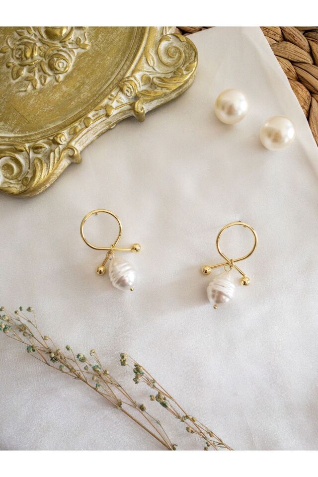 Gold Düğüm Inci Küpe Gold/Beyaz