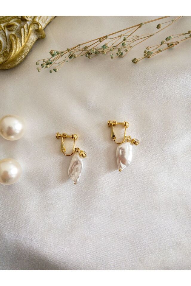 Ayarlanabilir Eardrop Klipsli Taşlı Inci Küpe Gold/Beyaz