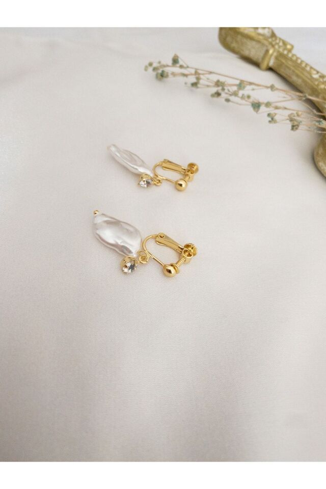 Ayarlanabilir Eardrop Klipsli Taşlı Inci Küpe Gold/Beyaz
