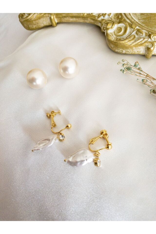 Ayarlanabilir Eardrop Klipsli Taşlı Inci Küpe Gold/Beyaz
