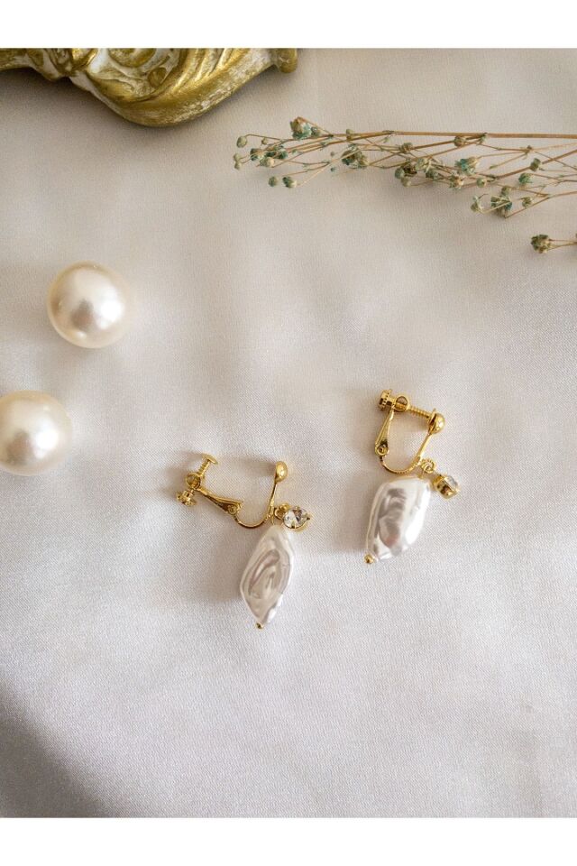 Ayarlanabilir Eardrop Klipsli Taşlı Inci Küpe Gold/Beyaz