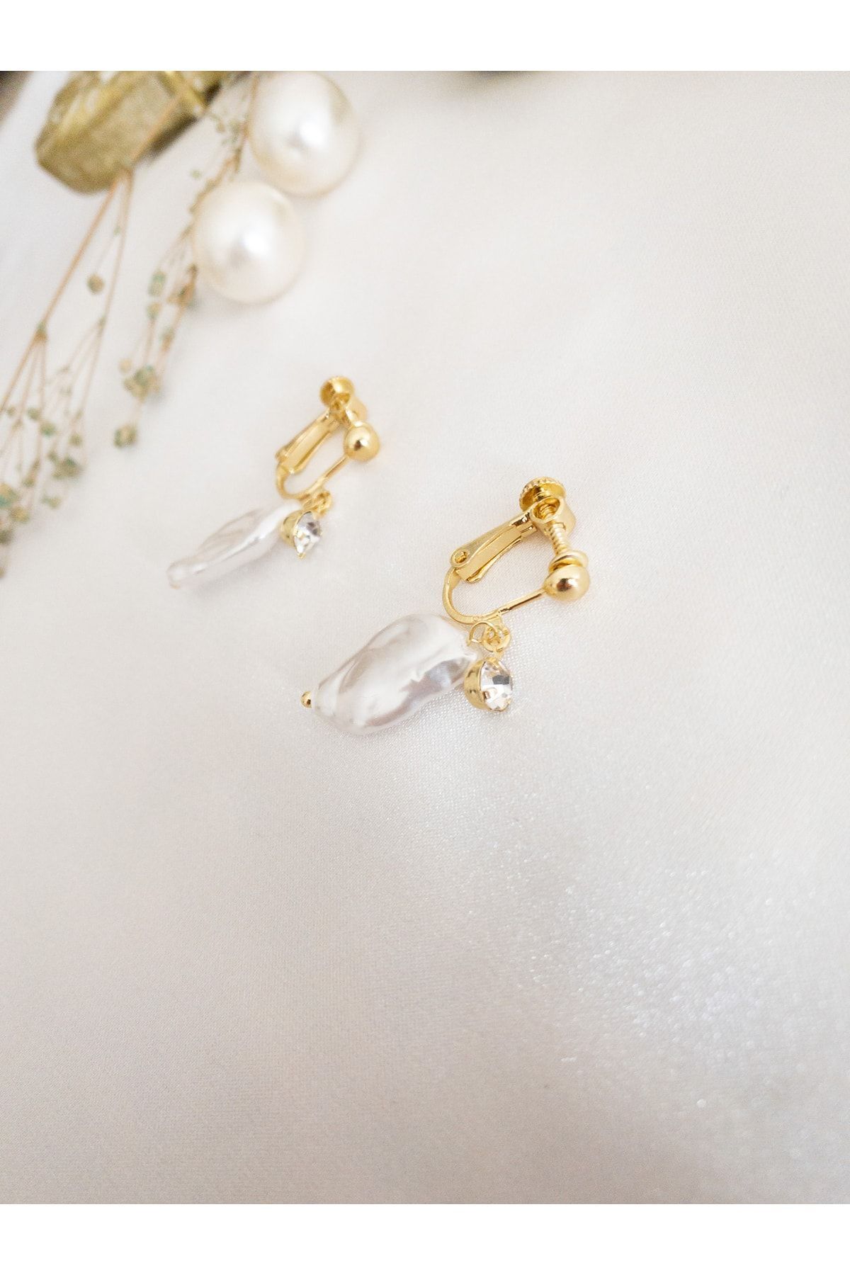 Ayarlanabilir Eardrop Klipsli Taşlı Inci Küpe Gold/Beyaz