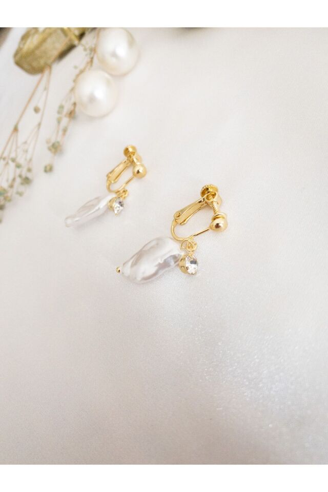 Ayarlanabilir Eardrop Klipsli Taşlı Inci Küpe Gold/Beyaz