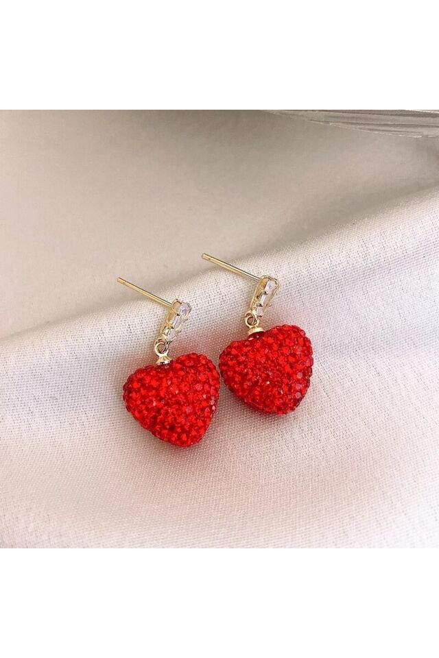 Kırmızı Kristal Taş Kaplı Mini Kalp Küpe Kırmızı