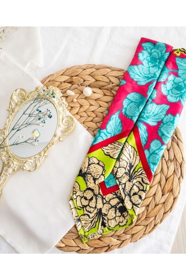 BeuBella 70’ler Retro Desenli Saten Fular – 55x55 cm – Boyun, Saç, Çanta Aksesuarı Sarı/Pembe
