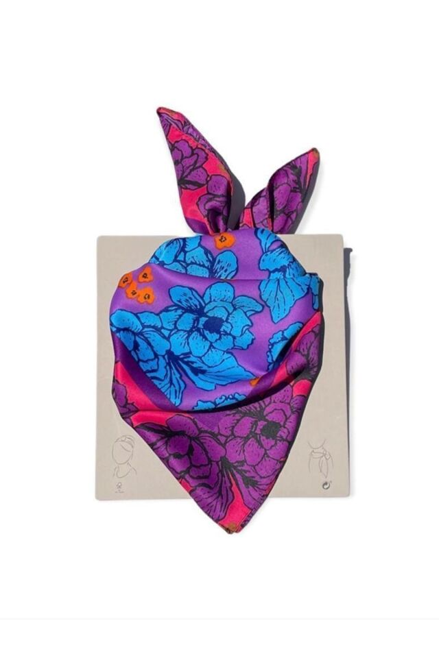 BeuBella 70’ler Retro Desenli Saten Fular – 55x55 cm – Boyun, Saç, Çanta Aksesuarı Fuşya/Mor