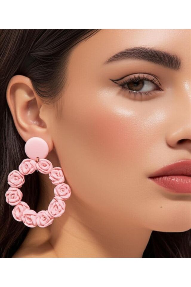 Özel Tasarım Polimer Kil Açık Pembe Gül Detay Halka Küpe Pembe