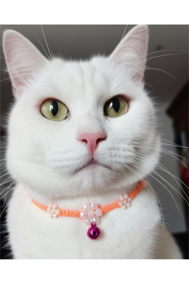 Açık Pembe Çin Kristali Çiçek ve Pembe Zilli Turuncu Kedi ve Küçük Irk Köpek Tasması Turuncu