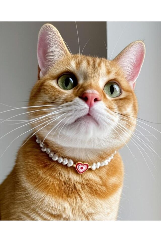 Renkli Kalp Detay İnci Kedi ve Küçük Irk Köpek Tasması Beyaz