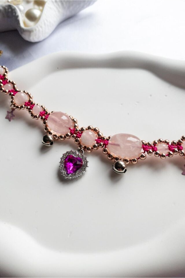 Doğal Taş Pembe Kuvars Boncuklu Kristal Pembe Charmlı Kedi ve Küçük Irk Köpek Tasması Pembe