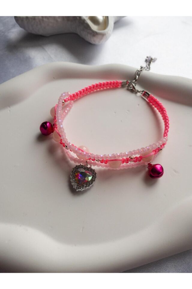 Doğal Taş Pembe Kuvars Boncuklu Pembe Kristal Kalp Charmlı ve Zilli Kedi ve Küçük Irk Köpek Tasması Pembe