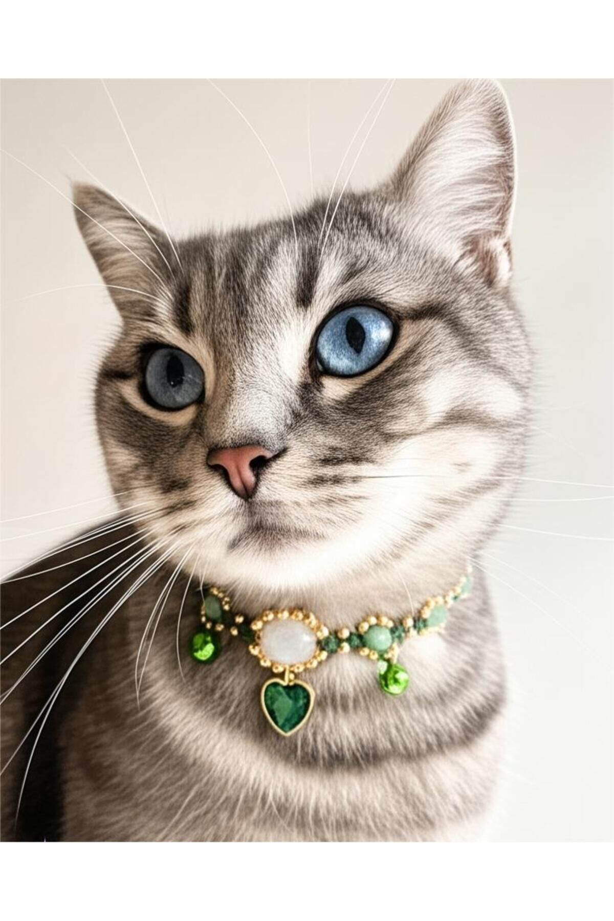 Doğal Taş Aventurin ve Pembe Kuvars Boncuk Kristal Kalp Charm Yeşil Kedi ve Küçük Irk Köpek Tasması Yeşil