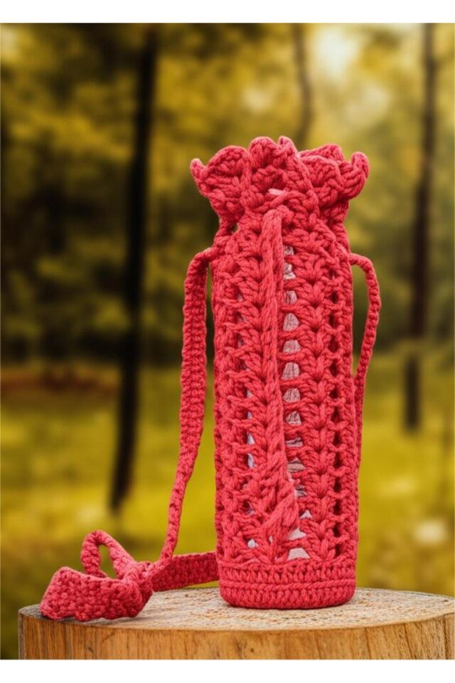 Özel Tasarım Şeker Pembe Örgü Mini Çanta/Su Taşıma Çantası Pembe