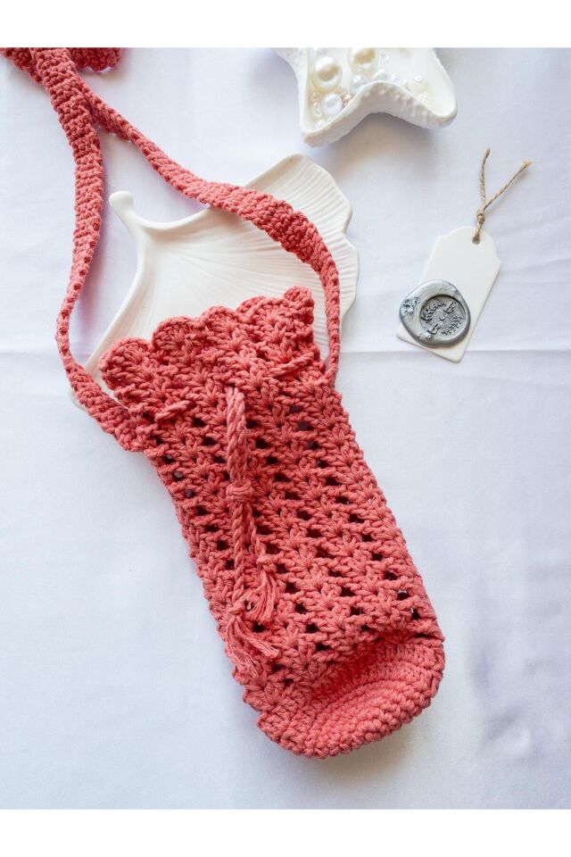 Özel Tasarım Şeker Pembe Örgü Mini Çanta/Su Taşıma Çantası Pembe