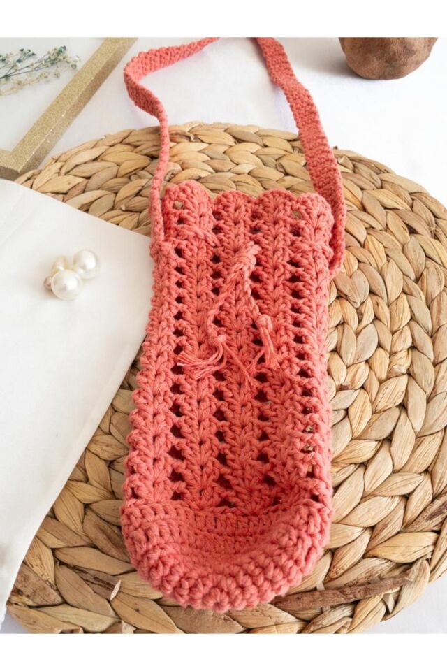 Özel Tasarım Şeker Pembe Örgü Mini Çanta/Su Taşıma Çantası Pembe