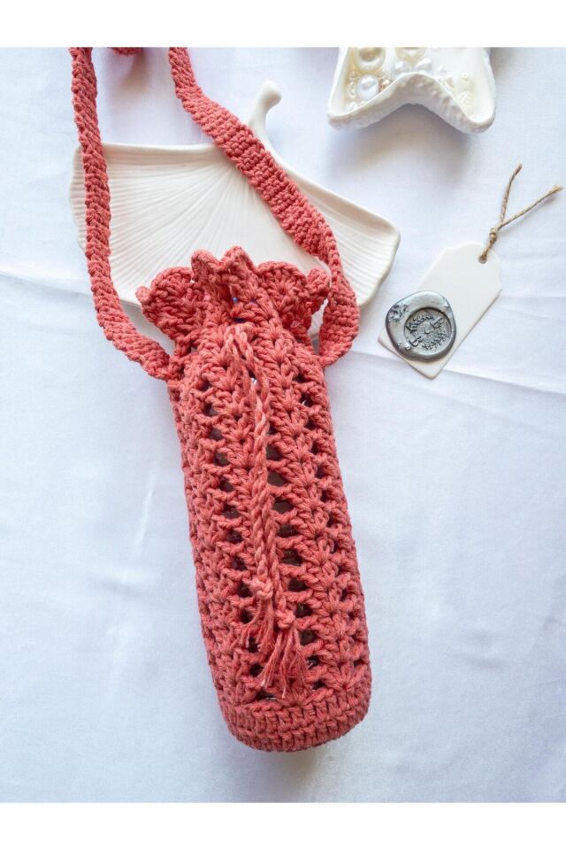 Özel Tasarım Şeker Pembe Örgü Mini Çanta/Su Taşıma Çantası Pembe