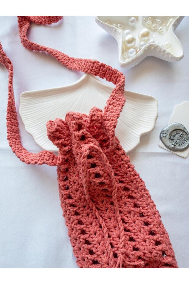 Özel Tasarım Şeker Pembe Örgü Mini Çanta/Su Taşıma Çantası Pembe
