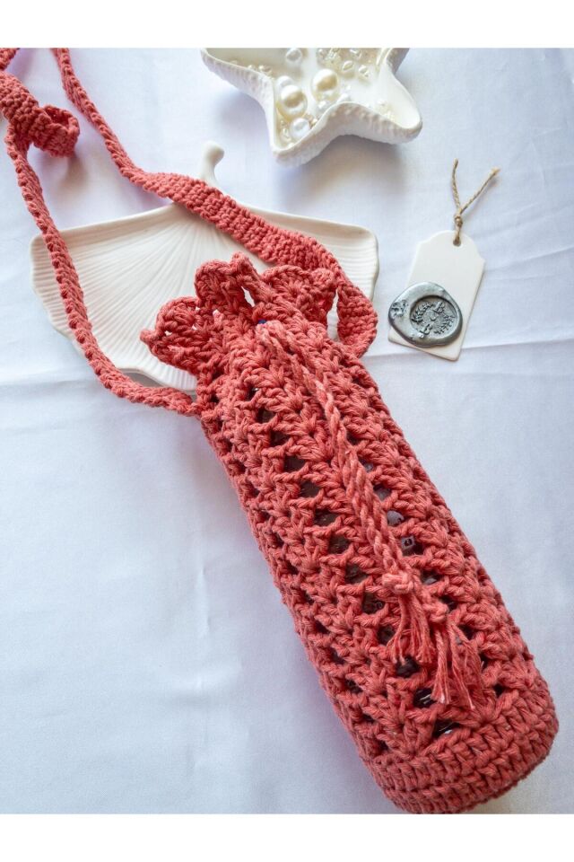 Özel Tasarım Şeker Pembe Örgü Mini Çanta/Su Taşıma Çantası Pembe