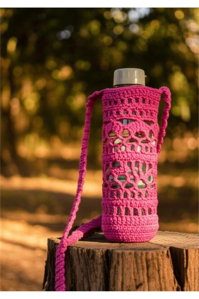 Özel Tasarım Pembe Örgü Mini Çanta/Su Taşıma Çantası Şeker Pembe