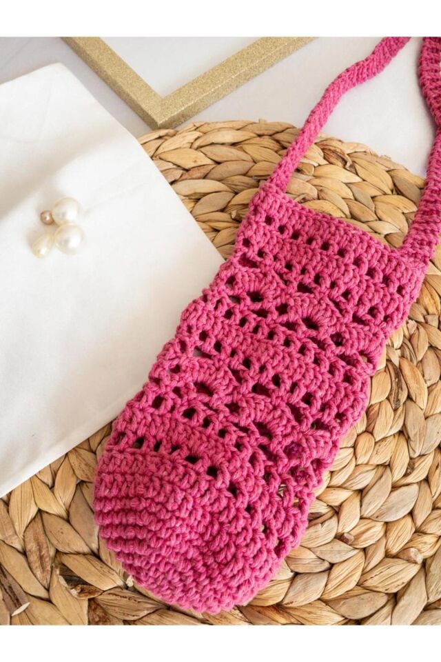 Özel Tasarım Pembe Örgü Mini Çanta/Su Taşıma Çantası Şeker Pembe