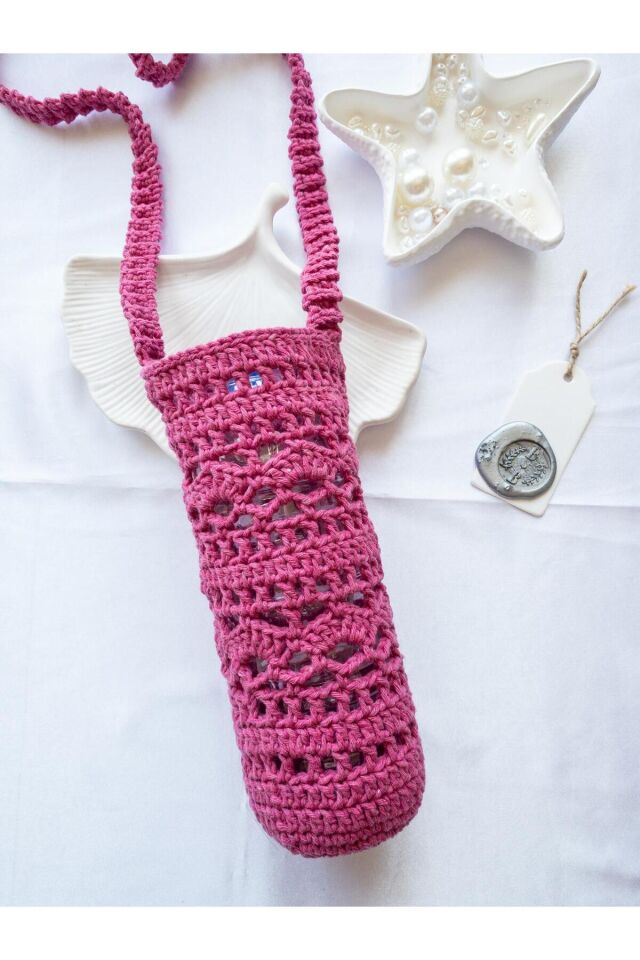 Özel Tasarım Pembe Örgü Mini Çanta/Su Taşıma Çantası Şeker Pembe