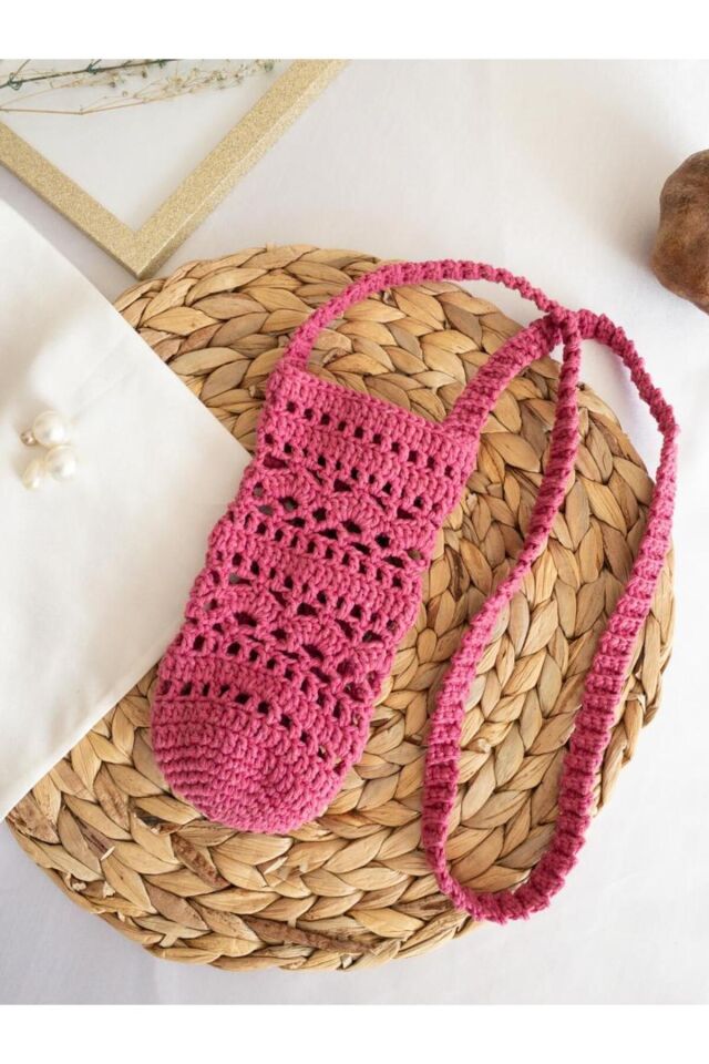 Özel Tasarım Pembe Örgü Mini Çanta/Su Taşıma Çantası Şeker Pembe