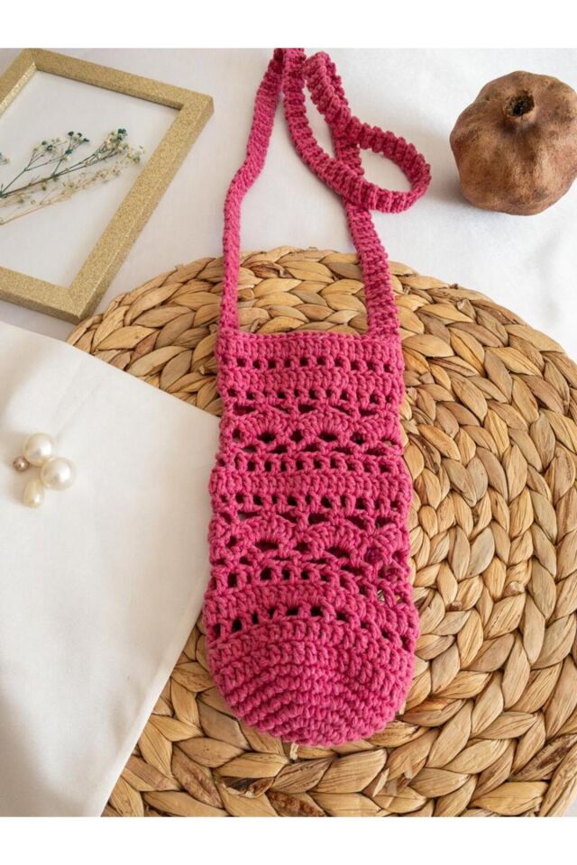 Özel Tasarım Pembe Örgü Mini Çanta/Su Taşıma Çantası Şeker Pembe
