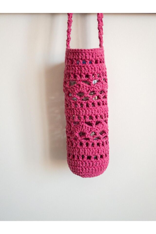 Özel Tasarım Pembe Örgü Mini Çanta/Su Taşıma Çantası Şeker Pembe